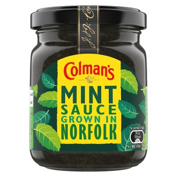 A jar of Colman's Mint Sauce with the label showing the brand name and the text 'Grown in Norfolk'. The background is transparent.