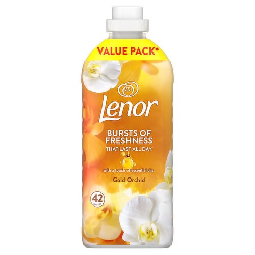 A bottle of Lenor Gold Orchid 'Bursts of Freshness' value pack air freshener, featuring a white cap and a vibrant orange and yellow label with white orchid illustrations.