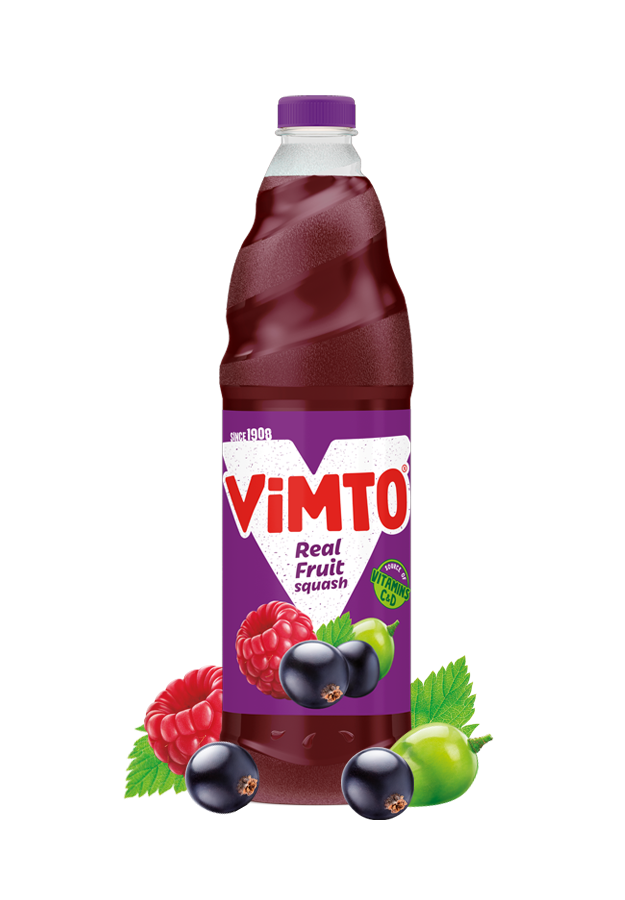 Vimto bottle with a purple label featuring fruit illustrations on a white background