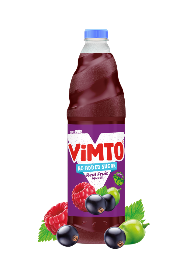 Vimto bottle with a purple label featuring fruit illustrations on a white background