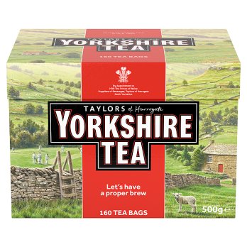 Yorkshire Tea packaging with a scenic background