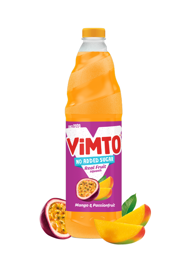 Vimto bottle with mango and passionfruit on a white background