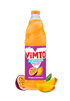 Vimto bottle with mango and passionfruit on a white background