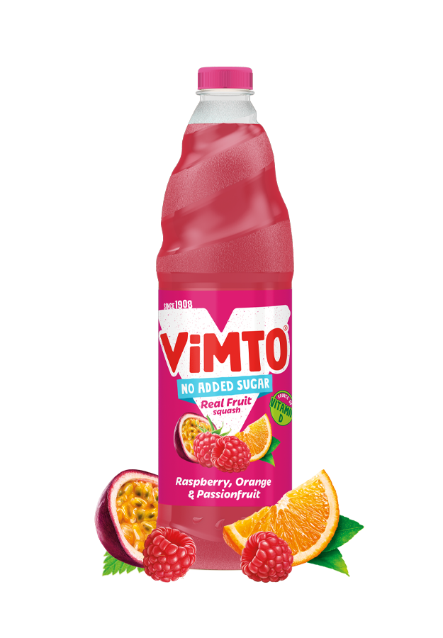 Vimto bottle with raspberry, orange, and passionfruit on a white background