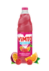 Vimto bottle with raspberry, orange, and passionfruit on a white background