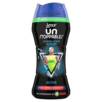 A bottle of Lenor Unstopables In-Wash Scent Booster, with a predominantly black design and blue cap. The product is recommended by Ariel and has an illustration of a person playing tennis on the label.